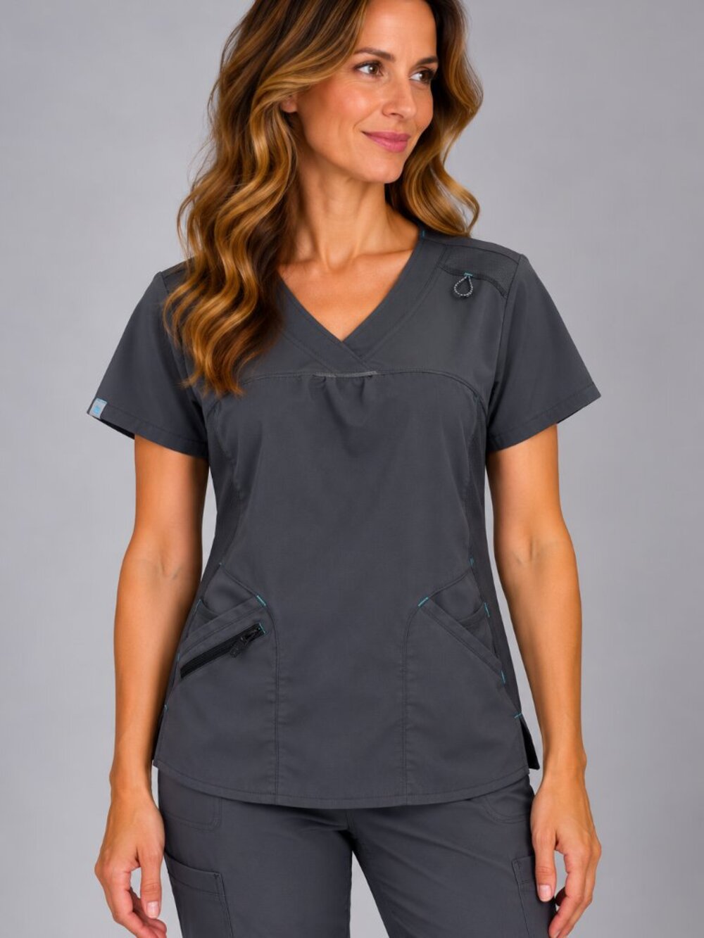 Scrubstar M Pewter Gray V-Neck Scrub Top Mesh Panel Zip Pocket Workwear